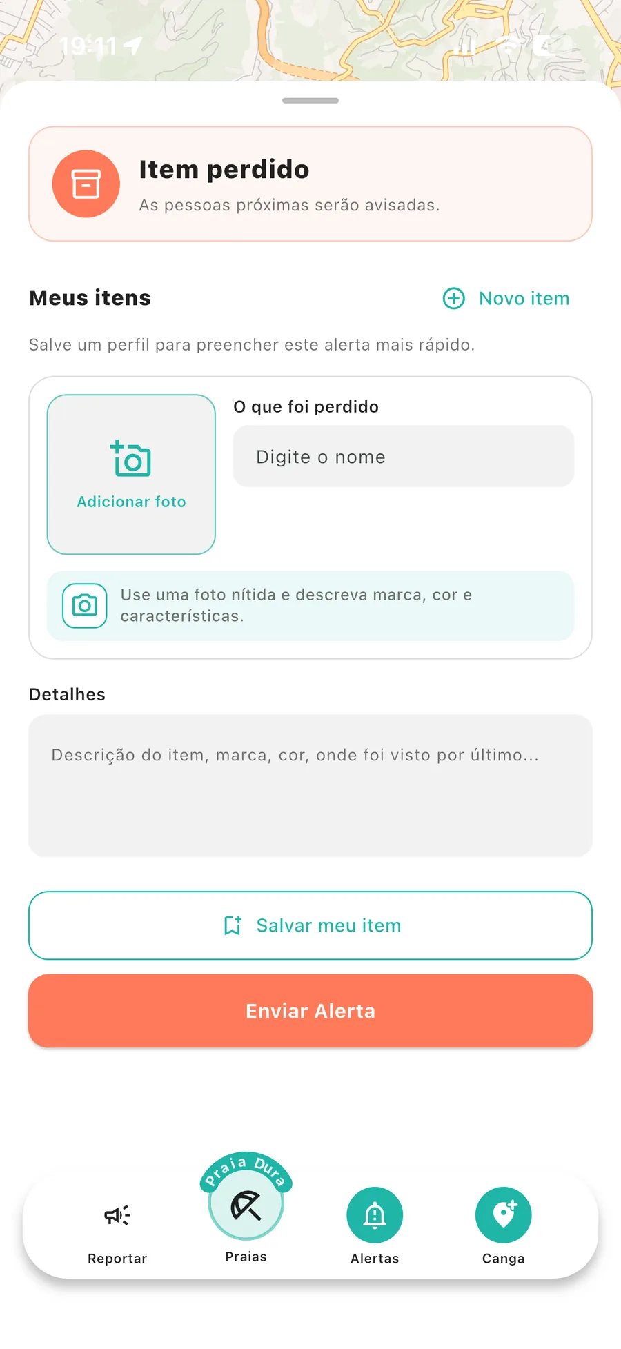 Criação de alerta para item perdido no aplicativo Praia