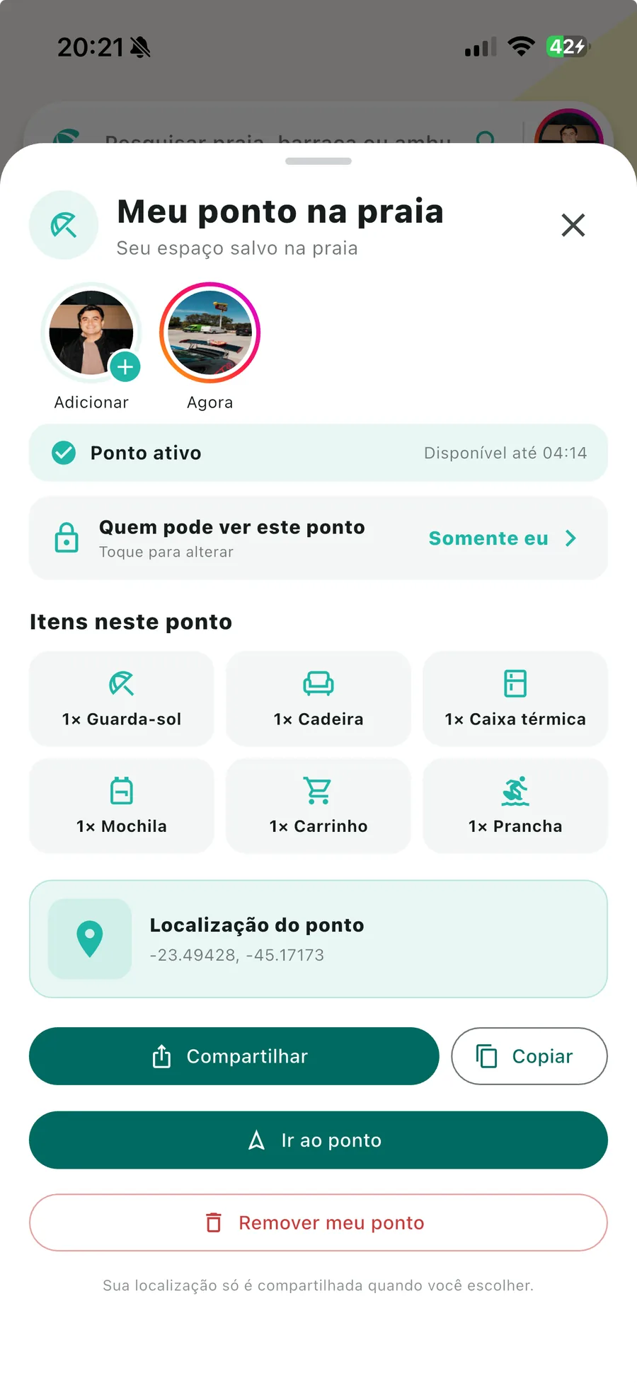 Canga Digital com ponto e itens salvos na praia