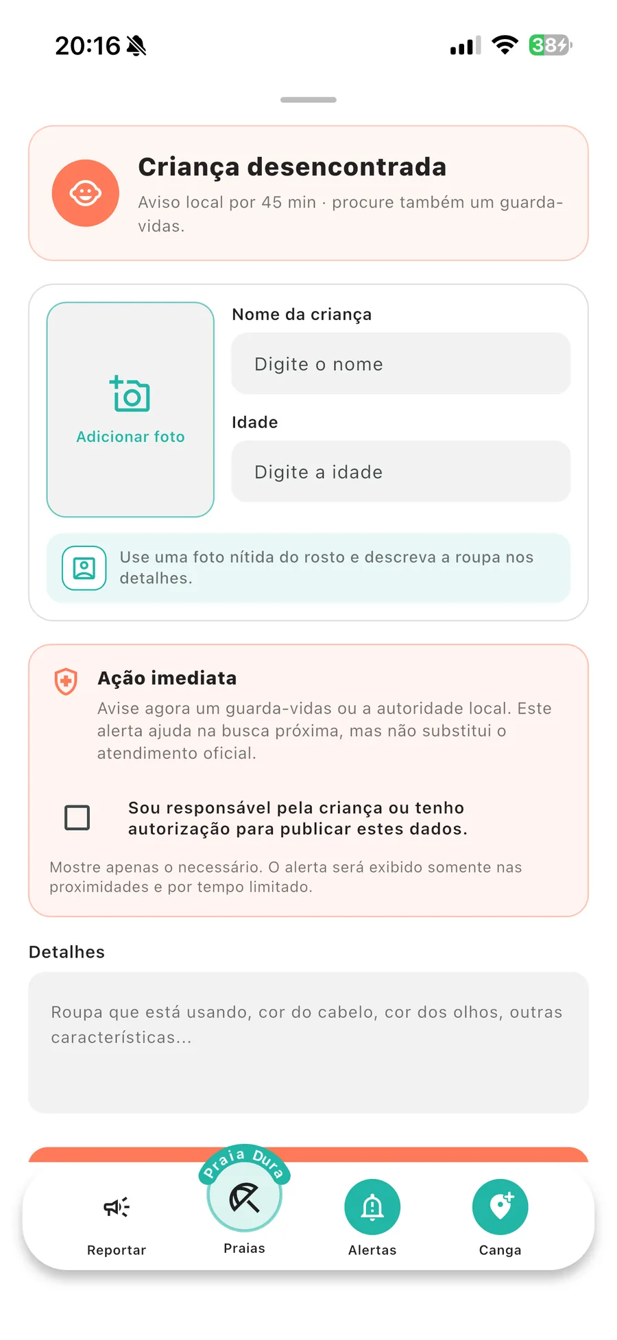 Alerta temporário para toda a praia em caso de criança desencontrada