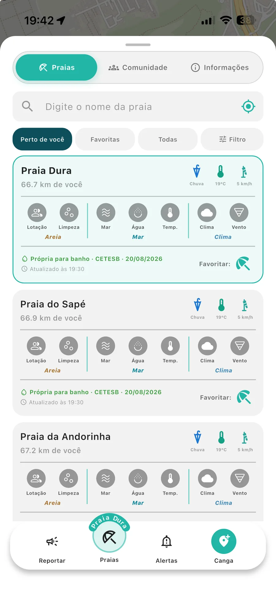 Busca, filtros e praias mais próximas no aplicativo