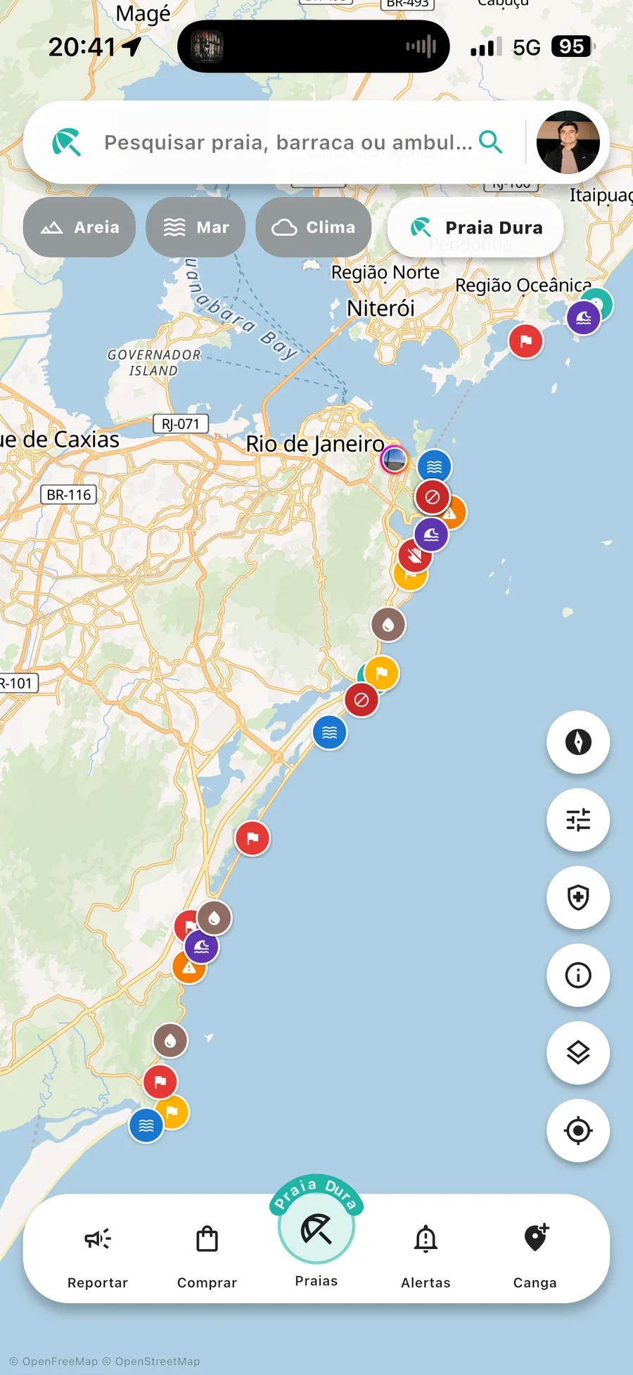 Mapa com alertas técnicos e possíveis perigos nas praias