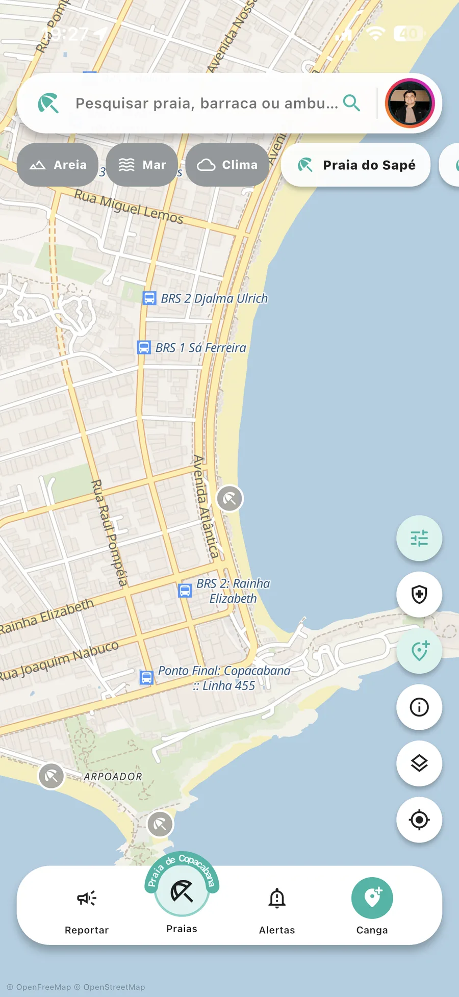 Mapa de Copacabana no aplicativo Praia