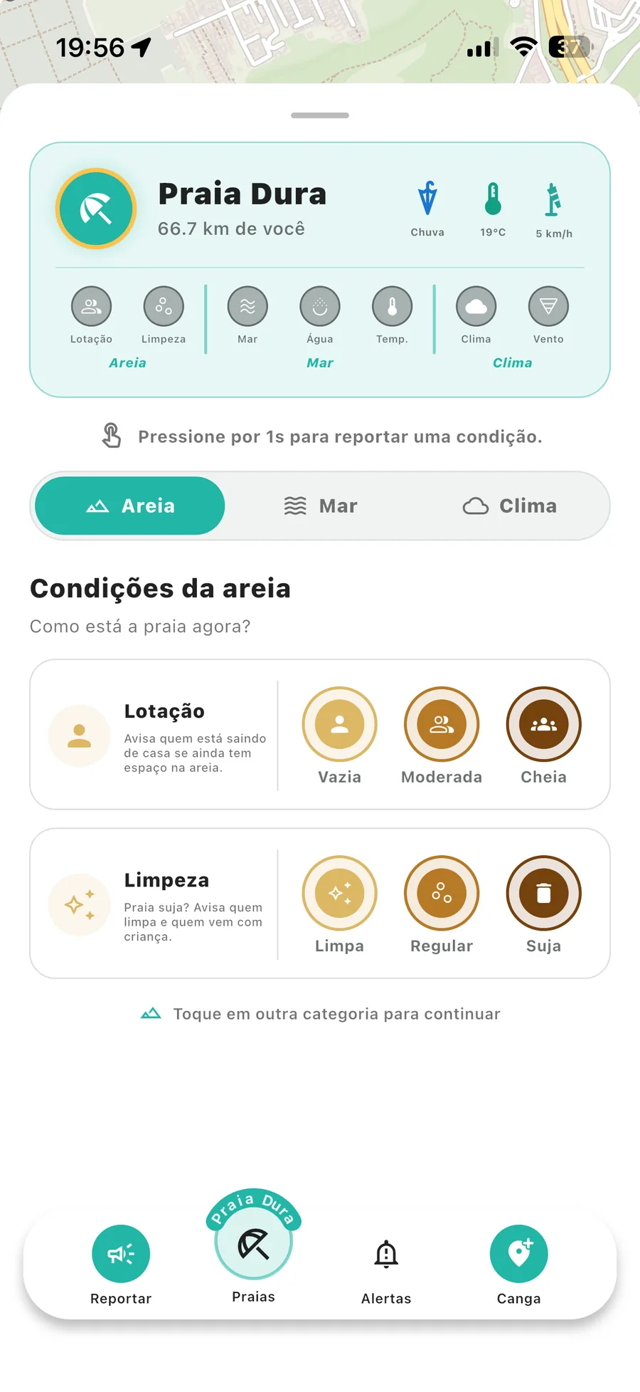 Tela de reporte colaborativo sobre areia